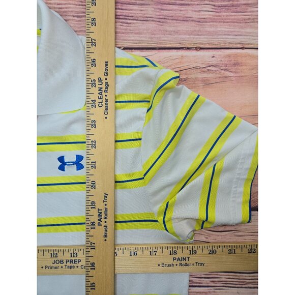 Under Armour Mens White Polo Small With Yellow & Blue Stripes - Picture 9 of 9